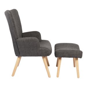 Armchair with stool Gerlina, dark gray fabric and natural-colored legs, 71x64x94 cm