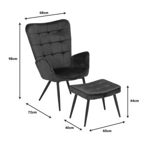 Armchair with stool and cushion Maddison cream velvet-natural legs 68x72x98cm