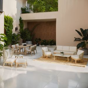 Living room set/garden armchair, 3 pieces, solid eucalyptus wood and beige textile Nicholas