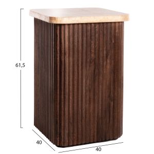 Холна маса Gladys Hm9713 от масивно мангово дърво плот от бял травертин 40x40x60hcm