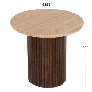 Холна маса Gladys Hm9714 от масивно мангово дърво и плот от травертин D55x50hcm