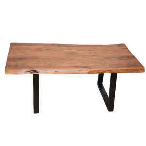 Miles coffee table made of solid acacia wood, 3.7-4 cm thick, walnut color, with black metal legs, 115x60x45 cm
