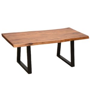 Miles coffee table made of solid acacia wood, 3.7-4 cm thick, walnut color, with black metal legs, 115x60x45 cm