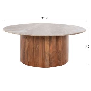 Холна маса Warm Marble Luxury Formel акация масив цвят бял/натурален мраморен плот D100x40hcм Hm9671