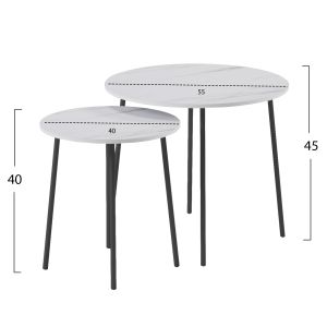 Холни маси 2 бр, кръгли Cupper, меламин в бял мрамор-черен метал D55x45hcm Hm9878,12
