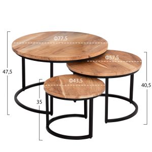 Холни маси 3бр. Obi Hm9255.21 тропическа акация масив- метални черни крака Φ77.5x47.5hcm.