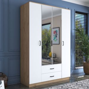 Four-door wardrobe with mirror Rersin made of melamine, white/walnut color 140x51.5x210cm
