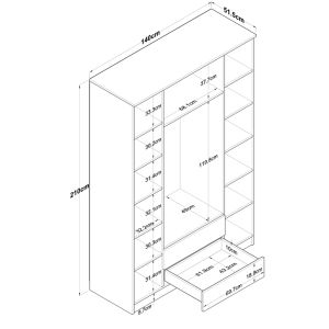 Four-door wardrobe with mirror Rersin made of melamine, white/walnut color 140x51.5x210cm