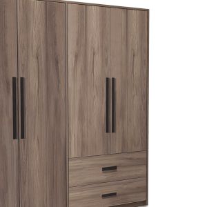 Four-door wardrobe with drawers Edritte made of melamine, light walnut color 160x52x195cm