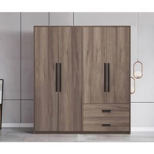 Four-door wardrobe with drawers Edritte made of melamine, light walnut color 160x52x195cm