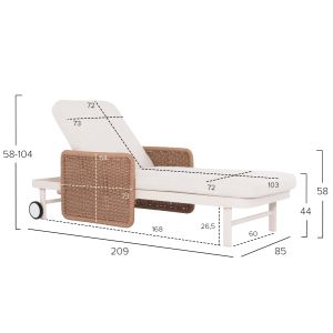Chaise longue Destiny Zen Sm6182, white aluminum frame and cushions, natural rattan armrests 205.5x86x58-104 cm.