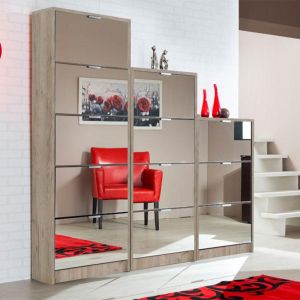 Shoe cabinet Hugo 24 gray oak with mirror, 67x28x155cm
