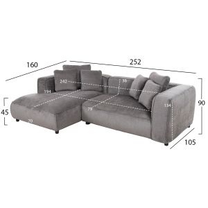 Corner (left) sofa 3-seater Grace gray fabric 252x105-160x70-90hcm Hm3280,03l
