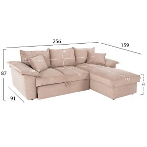 Corner sofa bed Aldo right corner with storage space beige fabric 256x91-159x87hcm Hm3276,01r