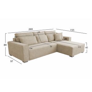 Ъглов разтегателен диван Cornera Hm3335.03 бежов плат 269x155x89всм.