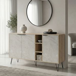 Balain sideboard, sonoma gray, beige, marble look, 142x35.5x83cm