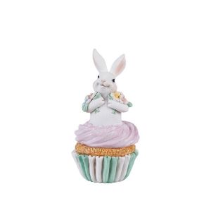 Polyresin Easter Bunny with Multicolored Flowers in the Cake, White 7.5X7.5X14.5CM