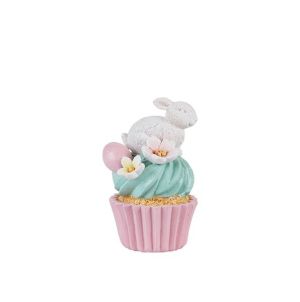 Polyresin Easter bunny with multi-colored flowers and pink egg in the cake, white 7.5X8X12.5CM