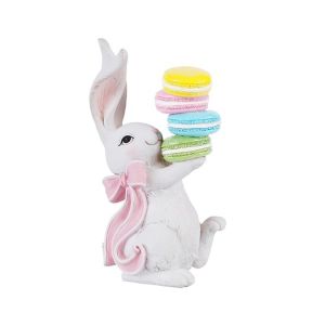 Polyresin Easter Bunny with Ribbon and Multicolored Macarons, White 9X10.3X20.8CM