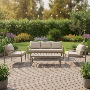 Градински сет Gardenly I, 4 части, алуминий, цвят капучино, със сиво-бежови възглавници
