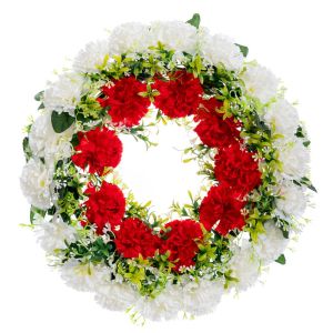 Decorative wreath with red and cream carnations
