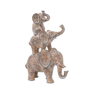 Table decoration with 3 elephants FL21358 natural brown with white patina 20X10X31CM