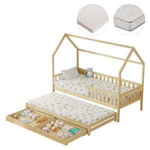 Детско легло с матраци и чекмеджета Phyllis HM21323.01 борова дървесина в натурален цвят 206X97X166ВСМ.