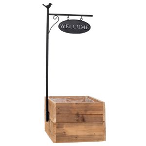 Wooden flower pot "welcome" with hanging steel sign 29X28X76 cm