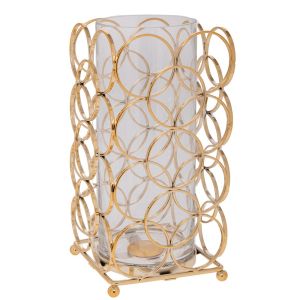 Golden metal candlestick with hoops and clear glass 13X13X25 cm