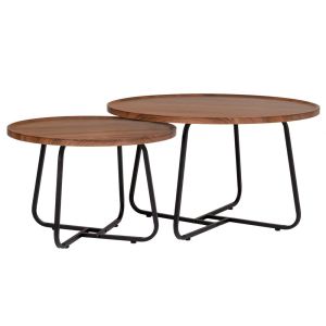 Комплект 2 кафяви кръгли помощни маси от Mdf с черни метални крака 60X39 см