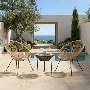 Acapulco garden chair set, 3 pieces, black metal frame with natural PE rattan, dimensions 50x52 cm