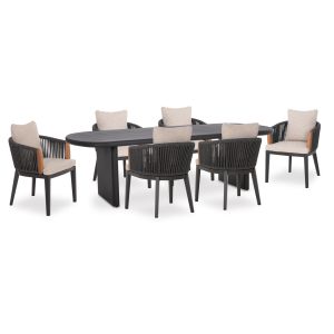 Table and chairs set 6 seats Absolution SM21351 gray aluminum rope - olefin in beige color