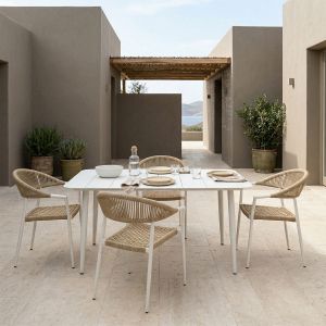 Ammos Vista table and chairs set, set of 5, white aluminum frame with natural PE rope, 150x80x72cm