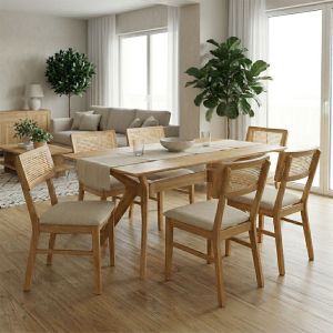 Raffles 7-piece table and chair set, rubber wood with natural-colored polyrattan 150x90x76cm