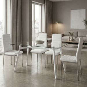 Table set with white Parker chairs and Titta glass table 120x70x75cm, set of 5 pieces