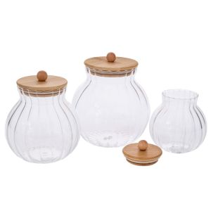 Set of 3 glass vials with wooden lid D15X16.5 D12.5X14.5 D11X12CM