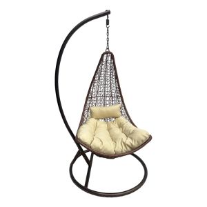 Nest swing with base Soleil, brown metal - brown polyrattan with beige cushion, 120x95x195 cm
