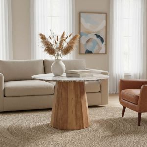 Ezerdian table solid acacia wood in natural color and marble top Diameter 150x76 cm