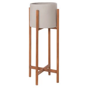 Flower pot Rentil HM4684.03L fiber cement in gray color - teak base Φ27X66HCM
