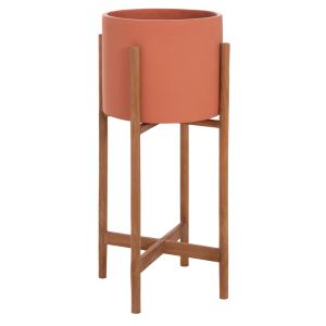 Flower pot Rentil HM4684.08S fiber cement in terracotta color - teak base Φ27X56HCM