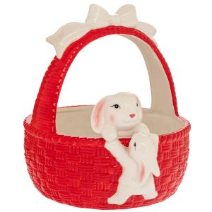 RED CERAMIC BASKET WITH RABBIT 24.5X22.5X26CM
