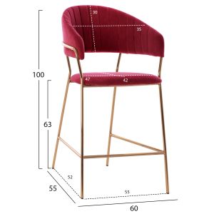 Bar stool gold legs Theodore HM8734.06 burgundy red velvet medium high 60X55X100 cm.