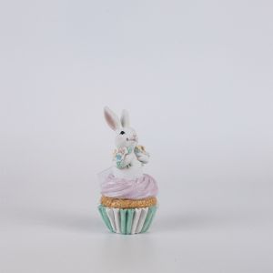 Polyresin Easter Bunny with Multicolored Flowers in the Cake, White 7.5X7.5X14.5CM