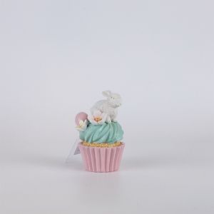 Polyresin Easter bunny with multi-colored flowers and pink egg in the cake, white 7.5X8X12.5CM