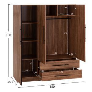 Wardrobe with 3 doors and 2 drawers Harry HM18390.01, melamine in natural wood and black, 150X55X180 cm