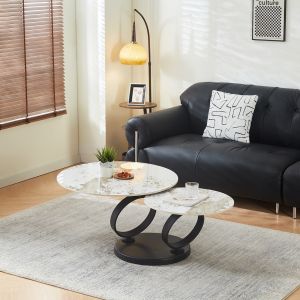Двойна масичка за кафе Nubisa HM18364.01 черен метал -- синтеран камък Pandora Φ80X44 см.