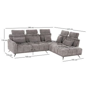 Десен ъглов 5-местен диван Myron SM3318.01R сив платеж 290X110-225X110H