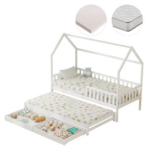 Детско легло с матраци и чекмеджета Phyllis HM21323.03 борова дървесина в бяло 206X97X166ВСМ.