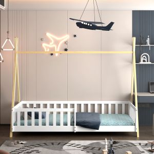 Детско легло с парапанет Munk HM739.03 т.монтесори - борова дървесина в натурален бял цвят за матрак 190X90СМ.