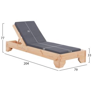 Beach lounger with cushion Korinos HM10775.30T pine wood - textile cover, gray 79X204X77ВСМ.
